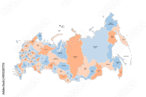 Russia political map of administrative divisions - oblasts, republics, autonomous okrugs, krais, autonomous oblast and 2 federal cities of Moscow and Saint Petersburg. Colorful handdrawn doodle style