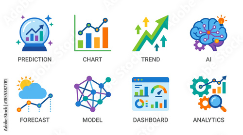 Vector graphics illustrate business analytics concepts with prediction, chart, and trend icons on a dashboard.