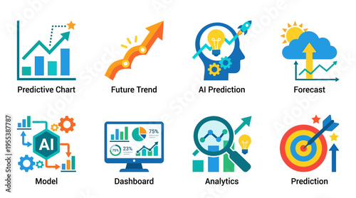 Business analytics and future trend prediction using AI vector graphics on a digital dashboard screen for data analysis and forecasting in industry.