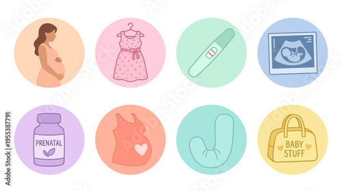 A vector illustration of a pregnant woman and baby related items on colorful icons