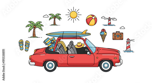 Retro Red Convertible Car Packed for Beach Vacation with Surfboard and Luggage