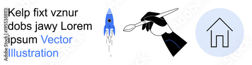 Creativity, innovation, art, exploration, space, design. A blue rocket launching, a hand holding a paintbrush and a house icon in minimalist style. Creativity and innovation