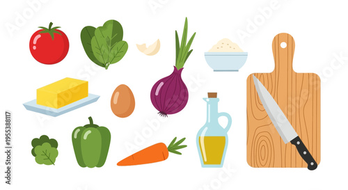Fresh Ingredients For Cooking: Vegetables, Egg, Butter, Oil, Cutting Board, Knife