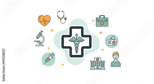 Medical Health Care Icons Set: Caduceus, Hospital, Stethoscope, Syringe, Microscope, Heartbeat