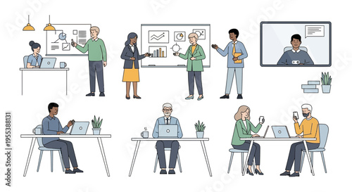 Diverse business team collaborating in modern office, remote work, and presentations