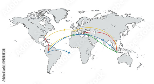 Global travel routes illustrated on world map with airplane icons and colored flight paths