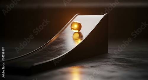 A glowing golden ball rolling down a smooth curved ramp, symbolizing momentum, success, and the physics of progress in a minimalist dark environment