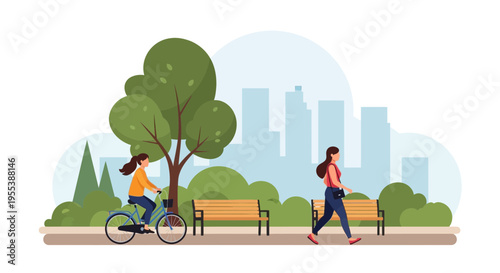 People enjoying a sunny day in a city park, cycling and walking with urban skyline.
