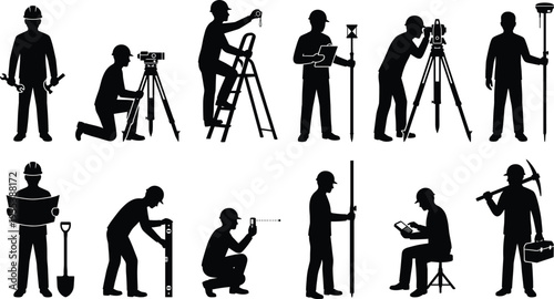 Black silhouette collection of professional land surveyors and civil engineers using theodolite levels and measuring equipment for building site planning and road development