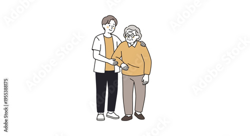 Caring young man supports elderly woman, walking together with affection and assistance