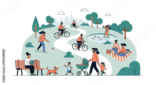 Diverse people enjoying a sunny day in a vibrant city park with activities like cycling, picnicking, and playing.