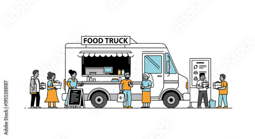 Diverse people queuing for food truck, outdoor dining, street food, modern urban lifestyle
