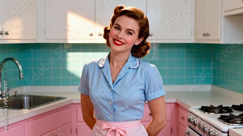 Portrait of a woman in a 1950s style kitchen. Retro housewife in a vintage pink and turquoise interior. Domestic lifestyle concept