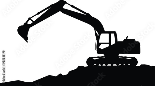 Black silhouette of a heavy hydraulic excavator crawler crane working on a construction site hill isolated on white background illustration