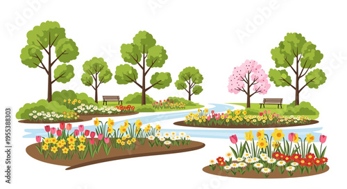 Vibrant Spring Park Scene with Flower Beds and Trees