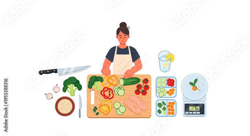 Woman preparing healthy meal prep with fresh vegetables and chicken on cutting board
