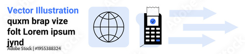 Global commerce, digital transactions, data transfer, secure payments, e-commerce, technology. Globe symbol, POS terminal and arrows indicating flow. Secure payments and global commerce concept
