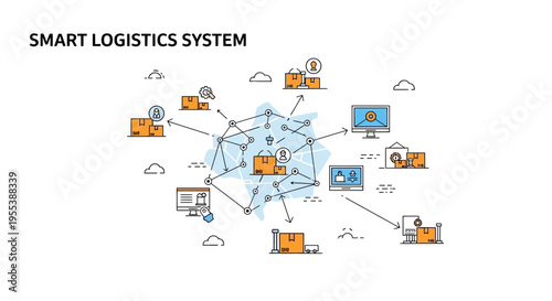 Smart Logistics System Network with interconnected boxes, trucks, computers, and icons on white background