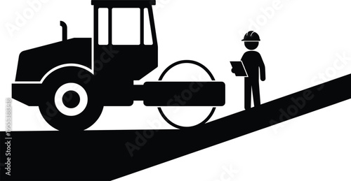 Black silhouette of a heavy road roller machine on a slope with a construction engineer holding a clipboard for road development
