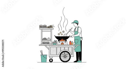 Street Food Vendor Cooking in Wok on Cart, Asian Cuisine, Healthy Meal Preparation