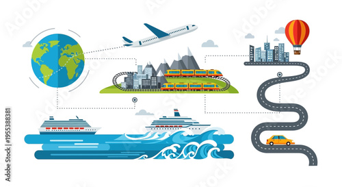 Global travel and transportation infographic: plane, train, ship, car, hot air balloon, city, globe