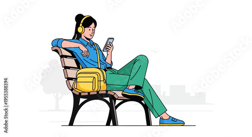 Woman Relaxing on Park Bench Listening to Music on Headphones and Using Smartphone