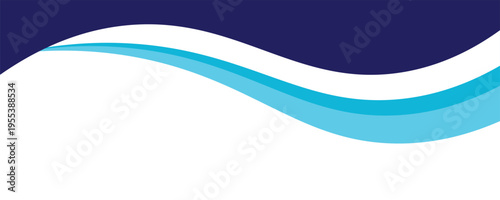 A clean and minimalist abstract background featuring smooth, flowing wave shapes in deep navy blue and vibrant cyan. The design includes a dynamic white curved accent against a crisp white 