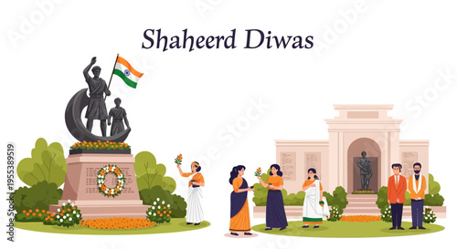 Illustration of people paying tribute to martyrs at a monument on Shaheed Diwas with patriotic Indian elements and vibrant colors.