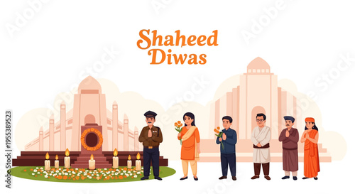 Illustration of people paying tribute to martyrs on Shaheed Diwas with a monument and cityscape in the background, conveying a patriotic mood with warm tones.