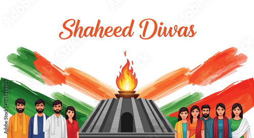 Illustration of people standing around a monument with a flame on top, surrounded by Indian flag colors, commemorating Shaheed Diwas or Martyrs' Day in India with a patriotic tribute.