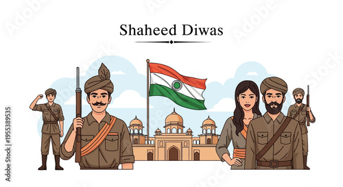 Illustration of Indian soldiers and civilians paying tribute on Shaheed Diwas with the Indian flag waving in the background, symbolizing patriotism and remembrance.