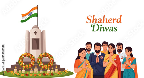Illustration of diverse Indian people paying tribute to martyrs on Shaheed Diwas with a monument and flag in the background, conveying patriotism and remembrance.