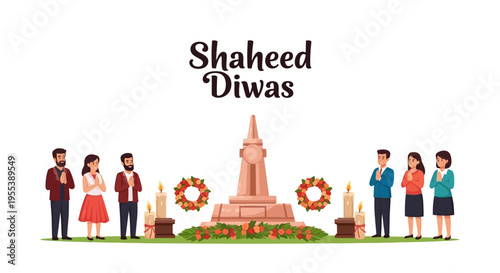 Illustration of people paying tribute to martyrs on Shaheed Diwas with a monument and wreaths in a patriotic setting.