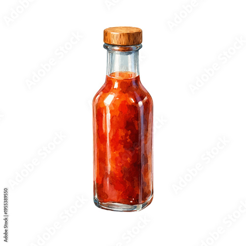 A watercolor illustration of a glass barbecue sauce bottle, featuring rich red BBQ sauce in a clear container with a wooden cap isolated on a transparent background.