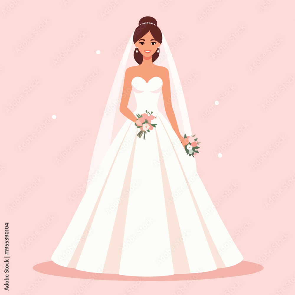 Fototapeta premium A beautiful bride in a white wedding dress happily holds flowers indoors.