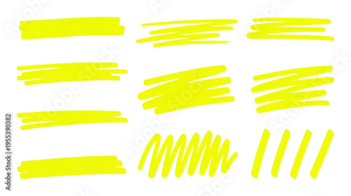 Set of bright yellow neon highlighter marker strokes
