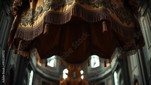 tassels. Ornate Baroque silk canopy with rich embroidery and tassels above an altar. event programs, museum guides, designed for cultural heritage projects and event programs, preserves heritage.