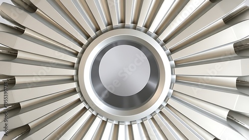 hollow. Static metal fins arranged radially around a central ring, geometric industrial design. safety posters, maintenance manuals, designed for precision metalworking and fabrication facilities.