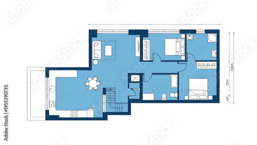 The architectural floor plan shows a modern house interior with rooms and furniture layout