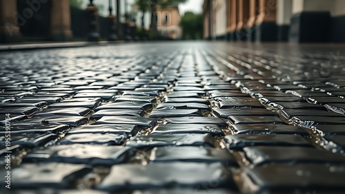 commute. A wet cobblestone path after rain with a glossy, reflective surface. travel magazines, destination branding, designed for travel destination branding.
