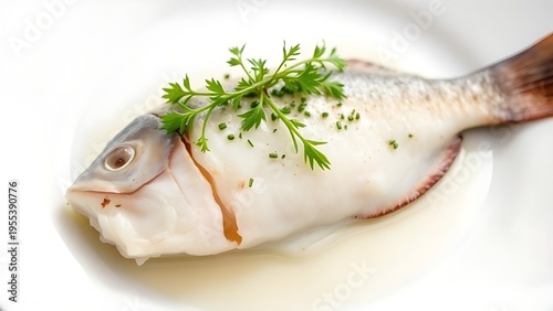 plaice. Cooked plaice fillet with herbs on white ceramic plate, overhead soft lighting. menu design, packaging mockups, designed for food delivery and cloud-kitchen brand materials.