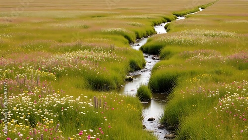 creek. A wide spring field filled with blooming wildflowers and a winding stream in soft morning light. travel magazines, destination branding, designed for outdoor magazines and nature guides.