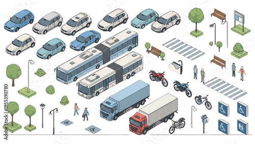 Vehicles and people move around a busy transportation hub with buses trucks and cars