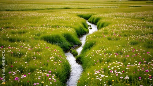 creek. A wide spring field filled with blooming wildflowers and a winding stream in soft morning light. travel magazines, destination branding, designed for outdoor magazines and nature guides.