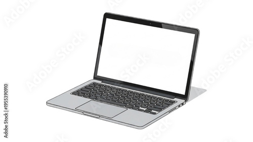 An illustration depicts an open laptop computer on a plain surface.