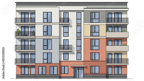 A colorful illustration of a modern apartment building exterior with balconies