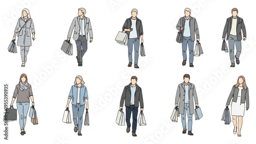 People walking with shopping bags in city streets in various outfits and styles.