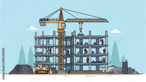 Construction workers build a new high-rise building with a crane and excavator