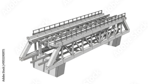 A metallic bridge structure is shown in an industrial setting with railings and supports.