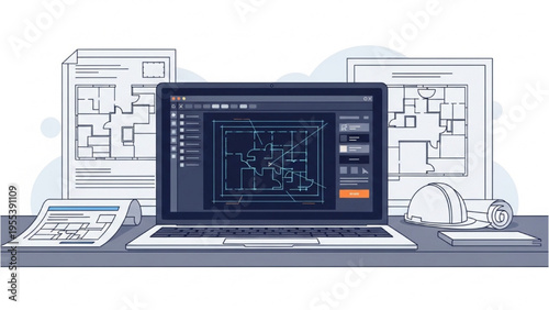 An engineer views blueprints on a laptop surrounded by architectural plans and office supplies on a desk.